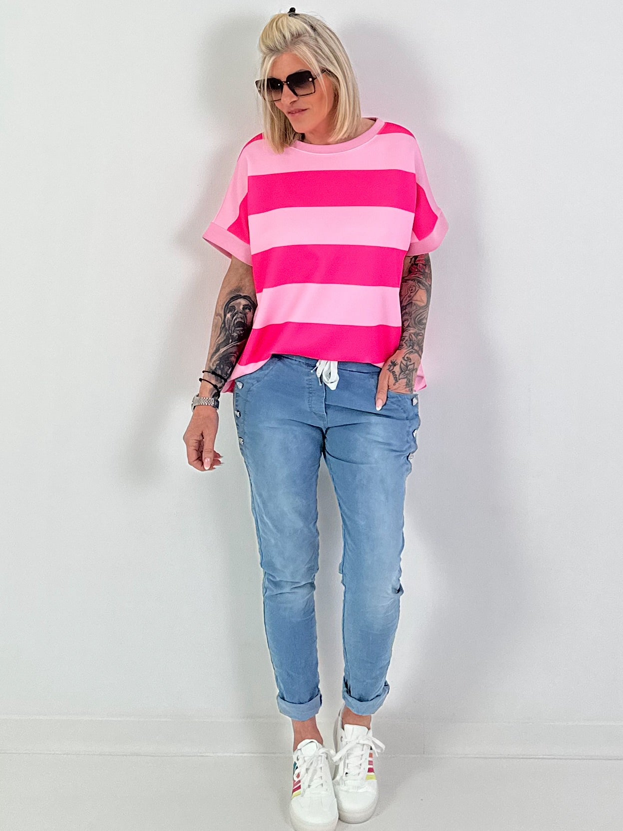 Sweat T-Shirt mit Streifen - pink-rosa