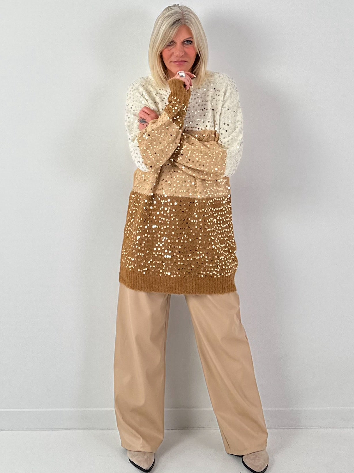 Long pullover model "Block Spark" - brown-multicoloured