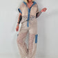 Ausgefallener Zweiteiler mit aufwendigen Denim Details- beige
