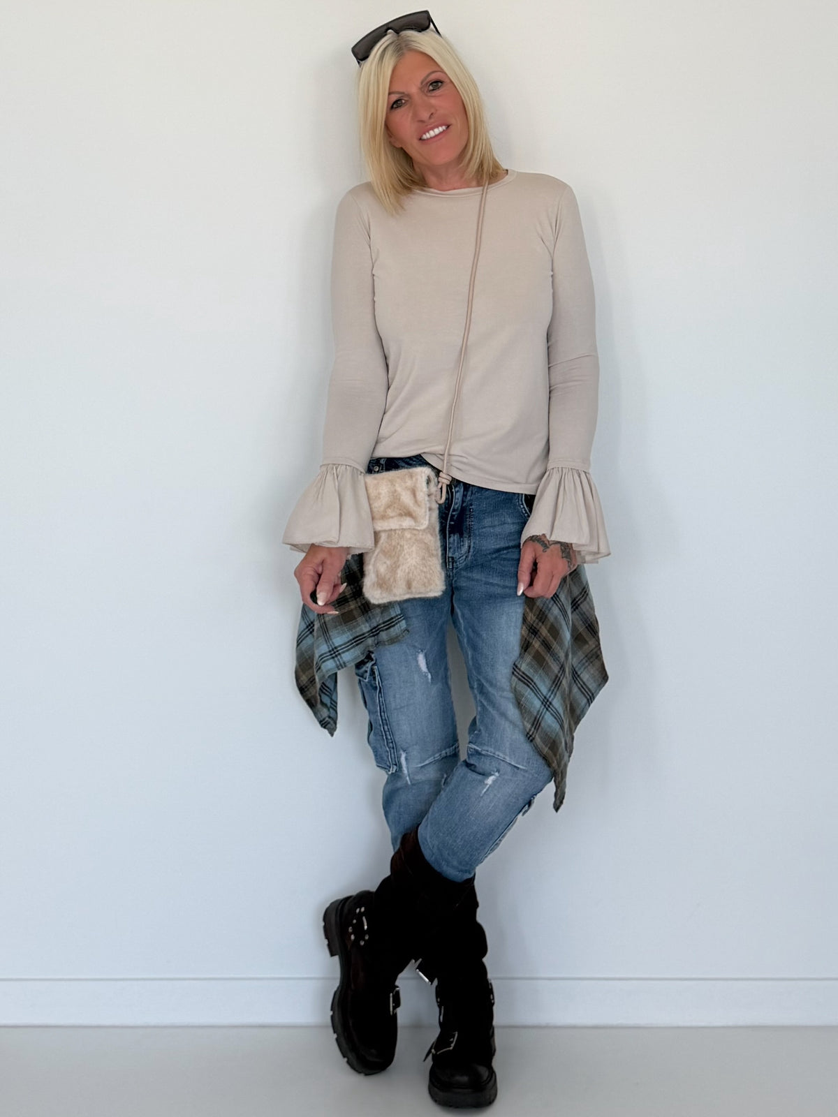 Shirt mit Trompetenärmelchen - beige