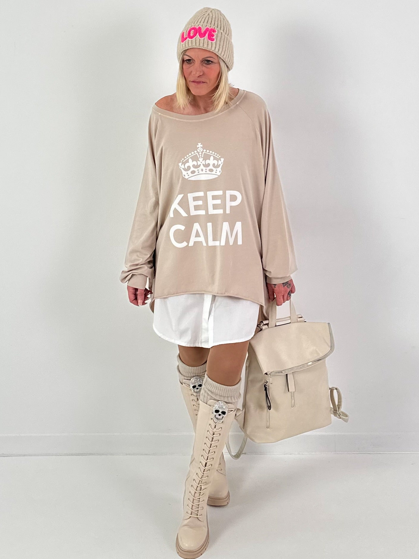 Oversized shirt model "KEEP CALM" - beige