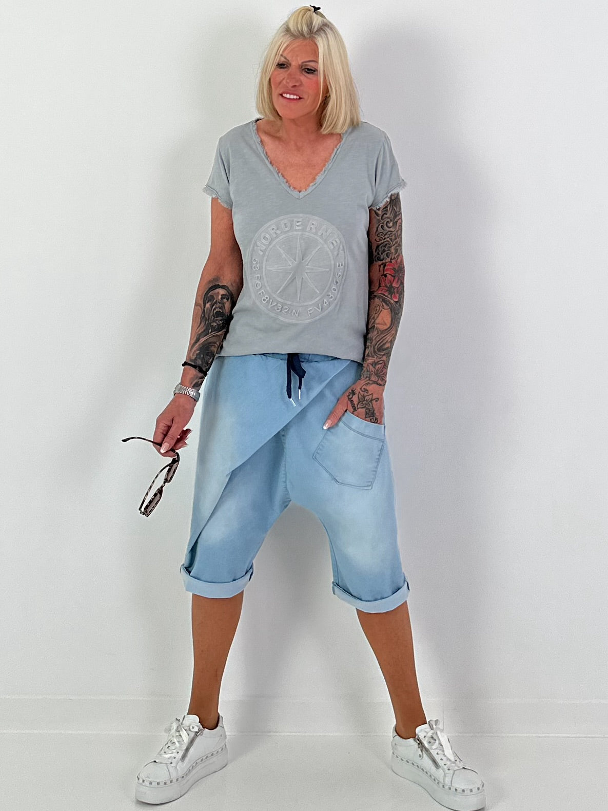 Short Jeans Baggy with Overlay - Light Blue