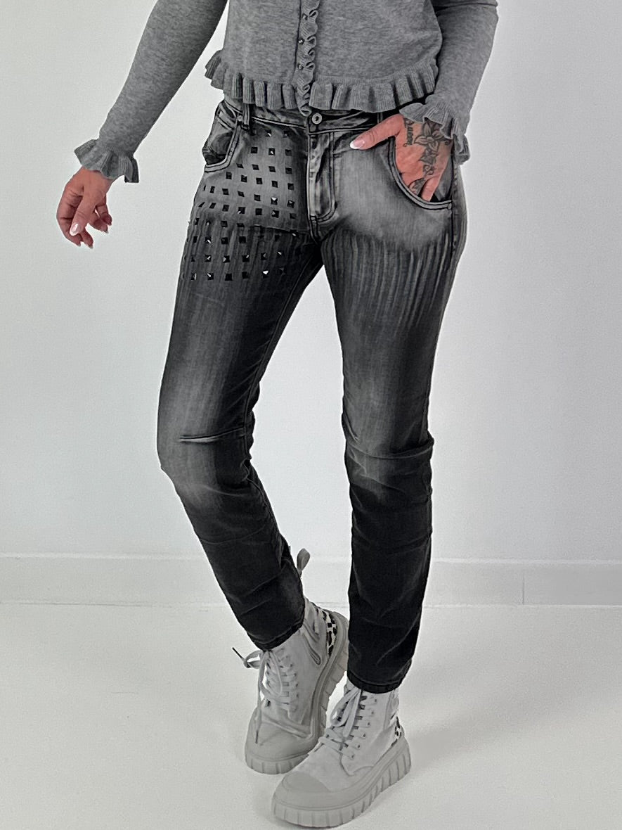 Jeans mit aufwendigen Details - used-black