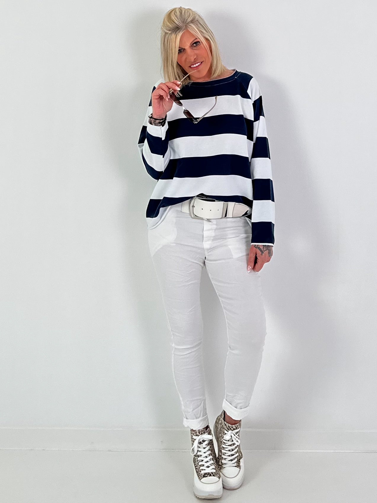 Block stripe sweater - dark blue-white