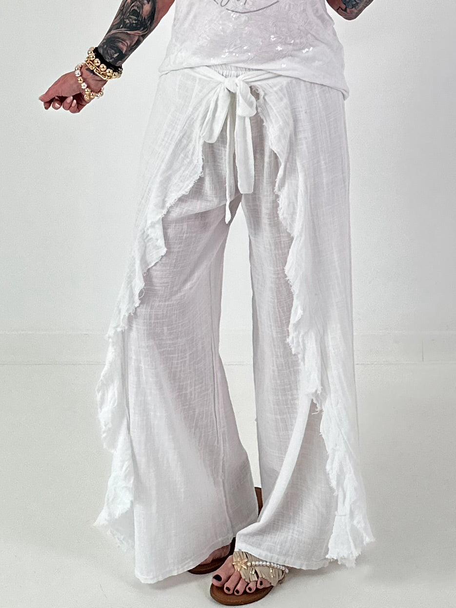 Wide Trousers with Tie Ruffle - White