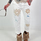 Jeans with crocheted floral appliqués - white