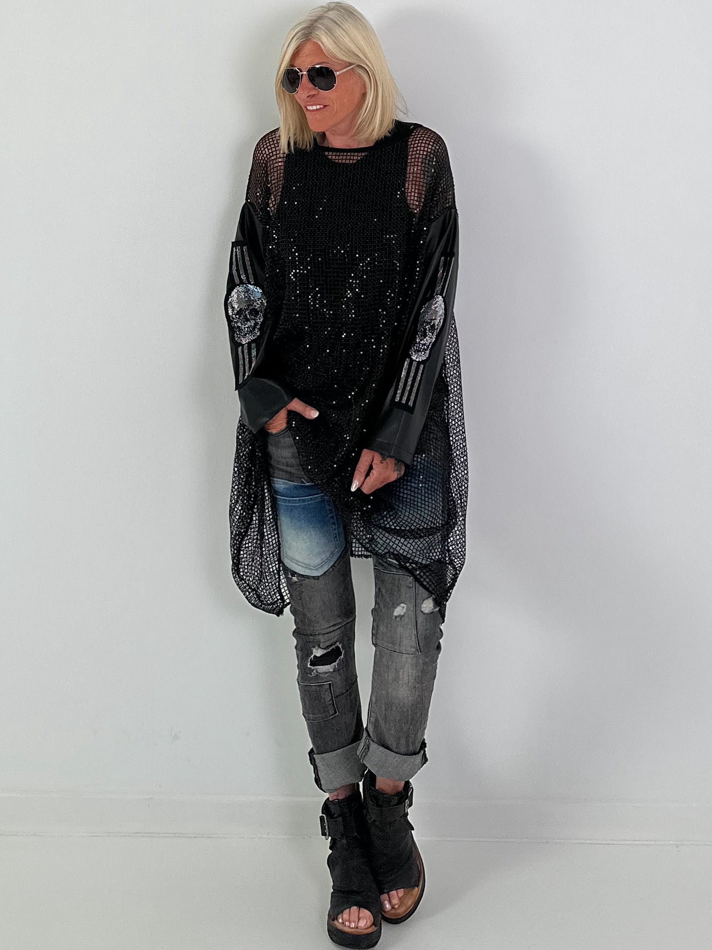 Stylish Long Mesh Shirt with Skull Details - black