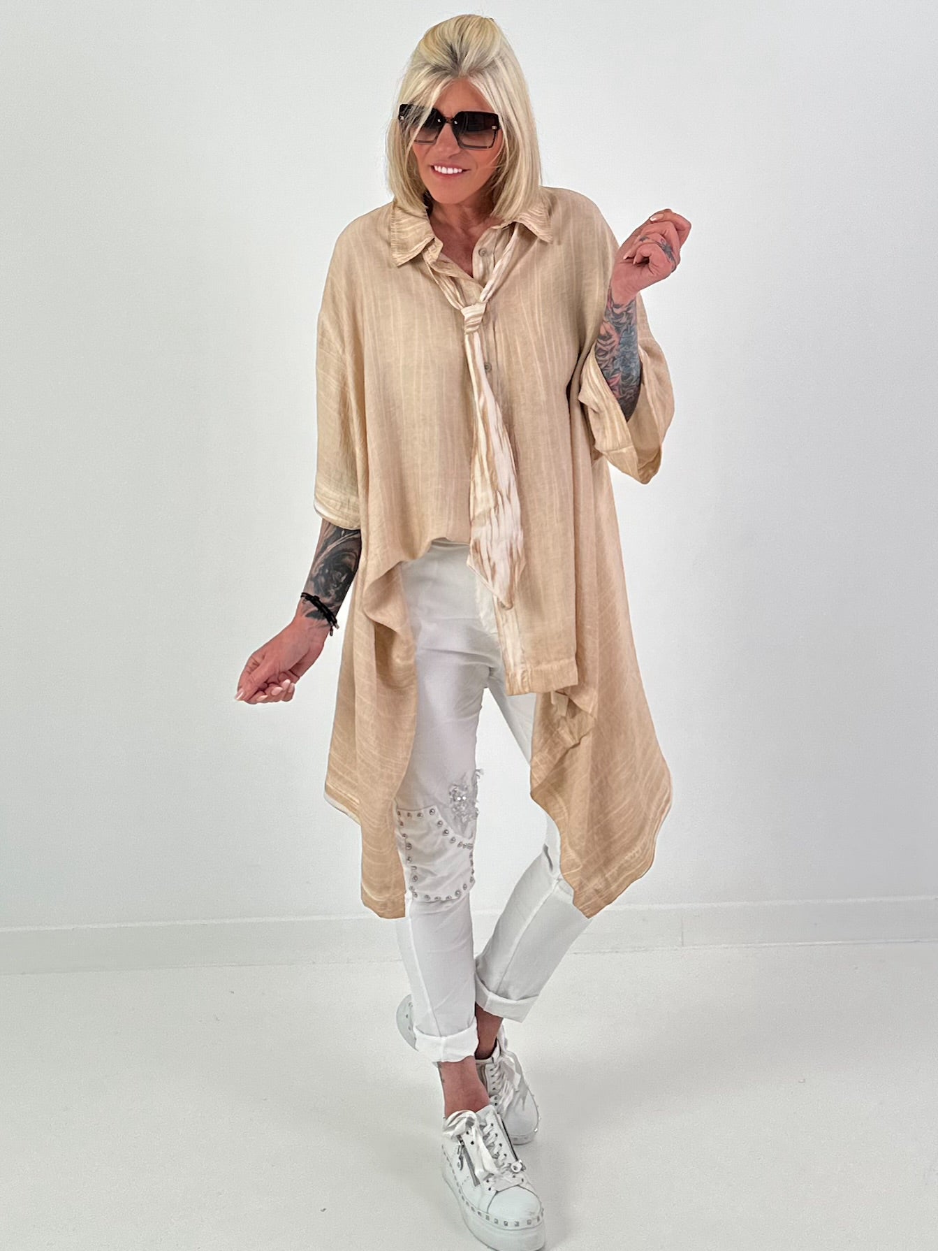 Oversized asymmetrical blouse with tie - sand