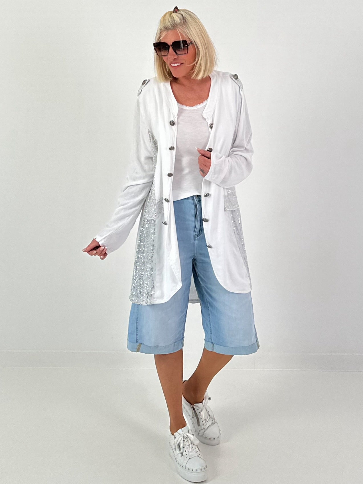 Oversized Leinen-Military Blazer - weiss