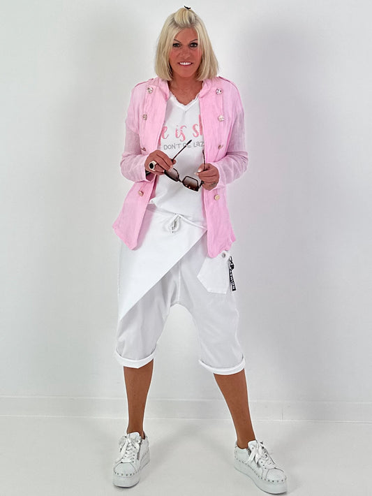 Linnen blazer met sierknopen en ribdetails - roze