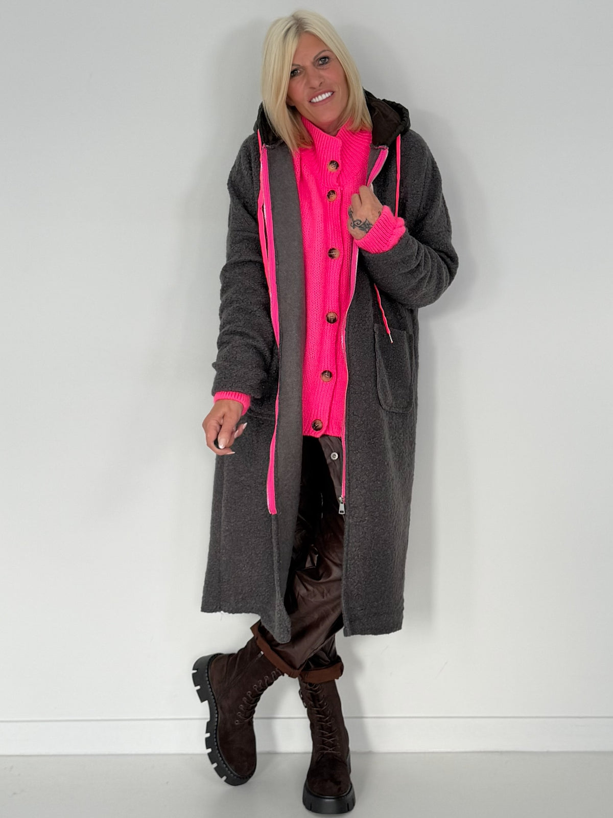 Coat in teddy curl look with neon accents - anthracite
