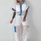 Ausgefallener Zweiteiler mit aufwendigen Denim Details- weiss