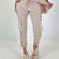 Trousers with crochet flowers and patch pockets - beige
