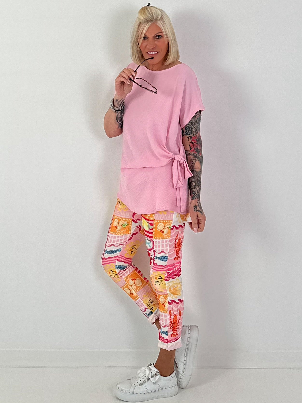 Blouse shirt with side tie knot - pink