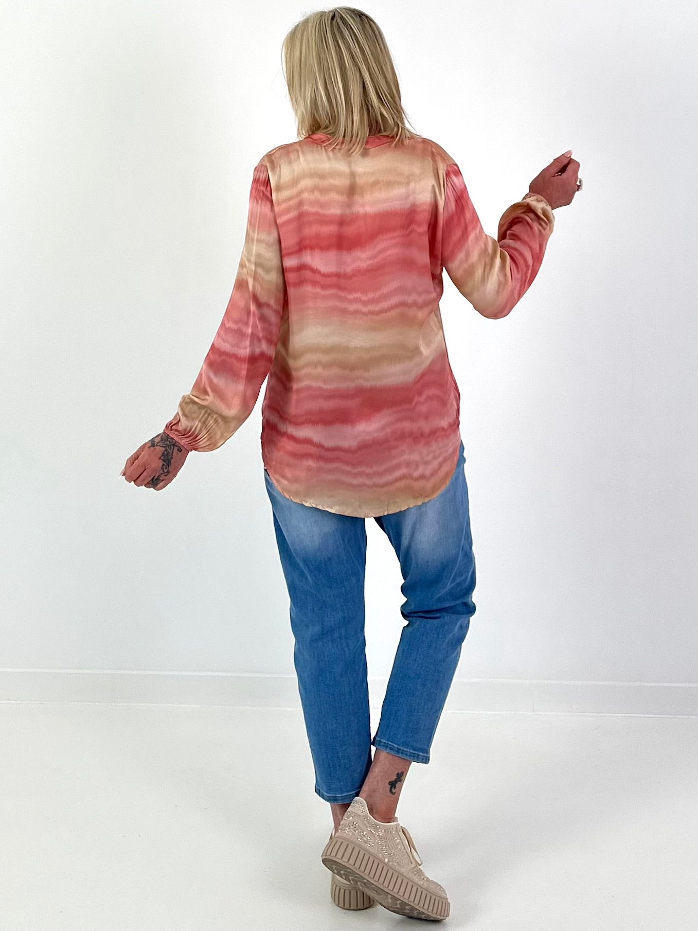 Silk tunic with colour gradient and heart details - pink-multicoloured
