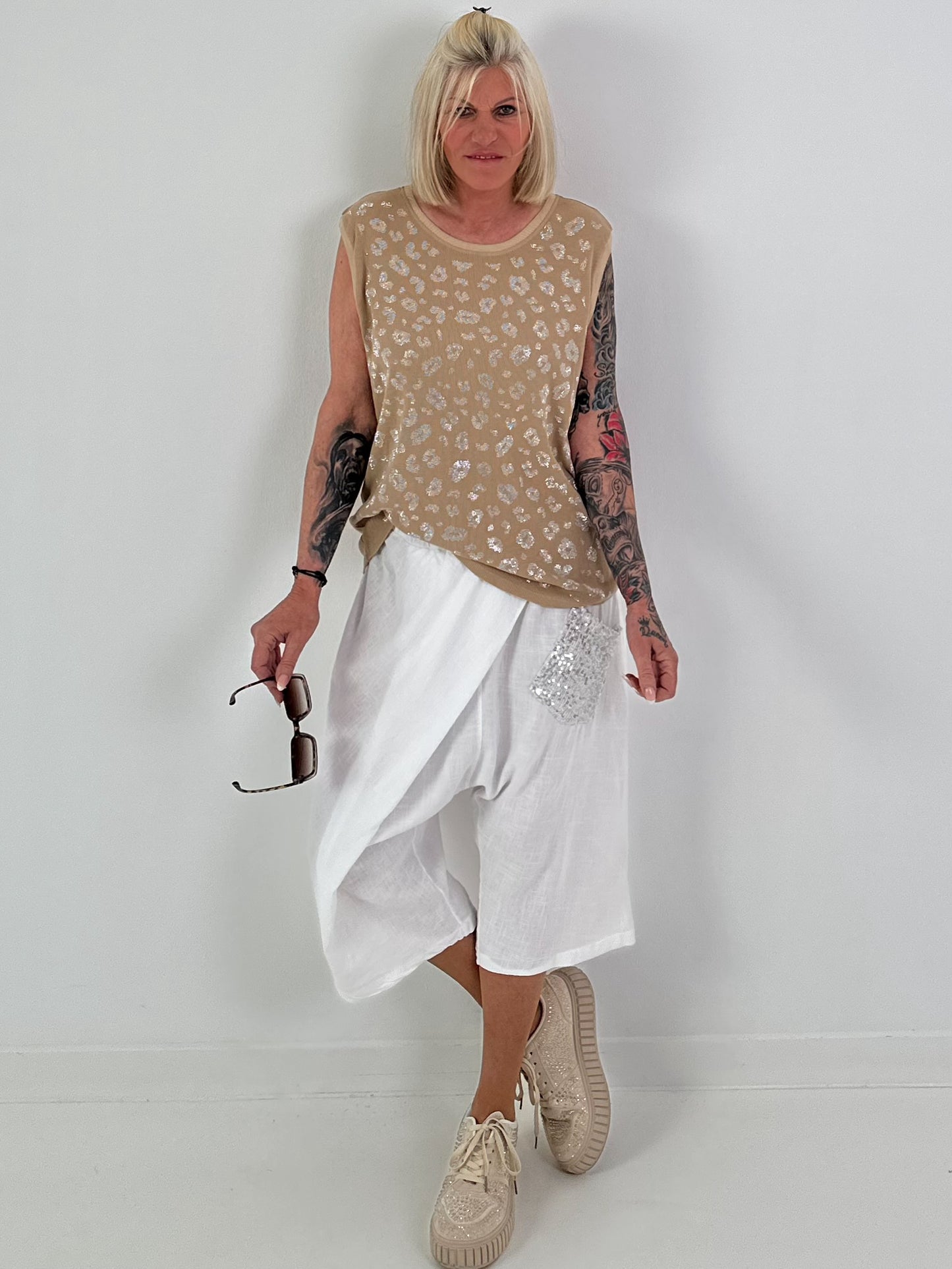 Ripp Top mit Glitzer Leo - camel