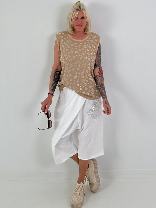 Ripp Top mit Glitzer Leo - camel