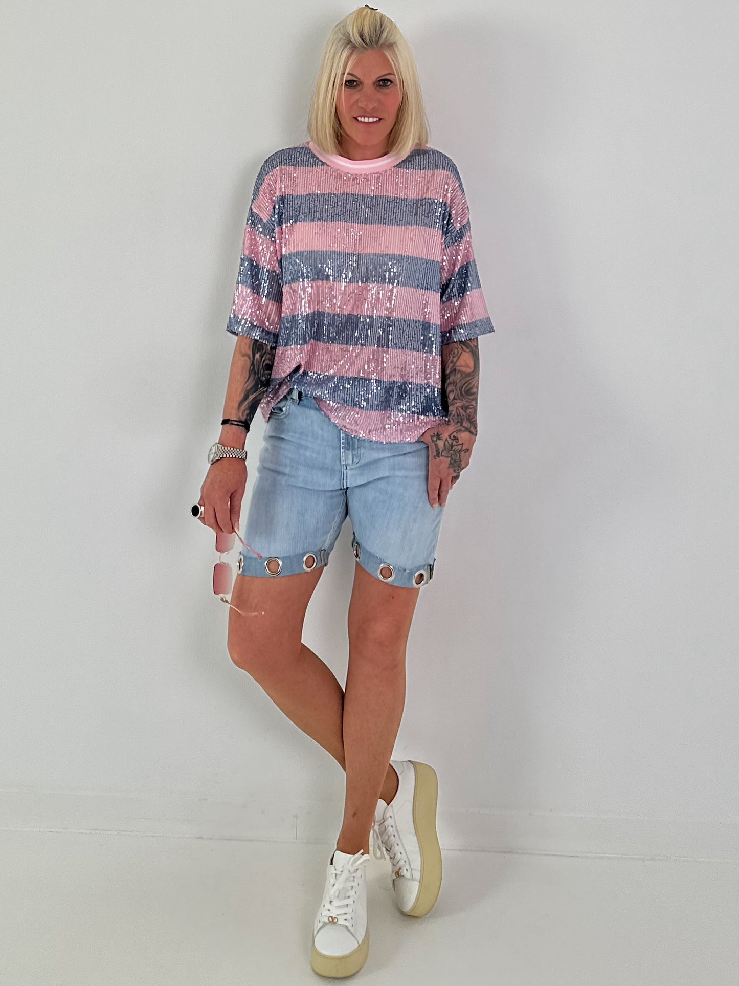 Pailletten Shirt mit Streifen - hellblau-rosa