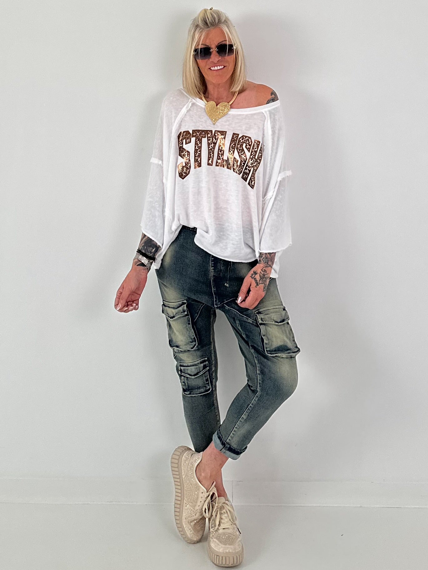Strick Shirt mit Leo-Print - weiss
