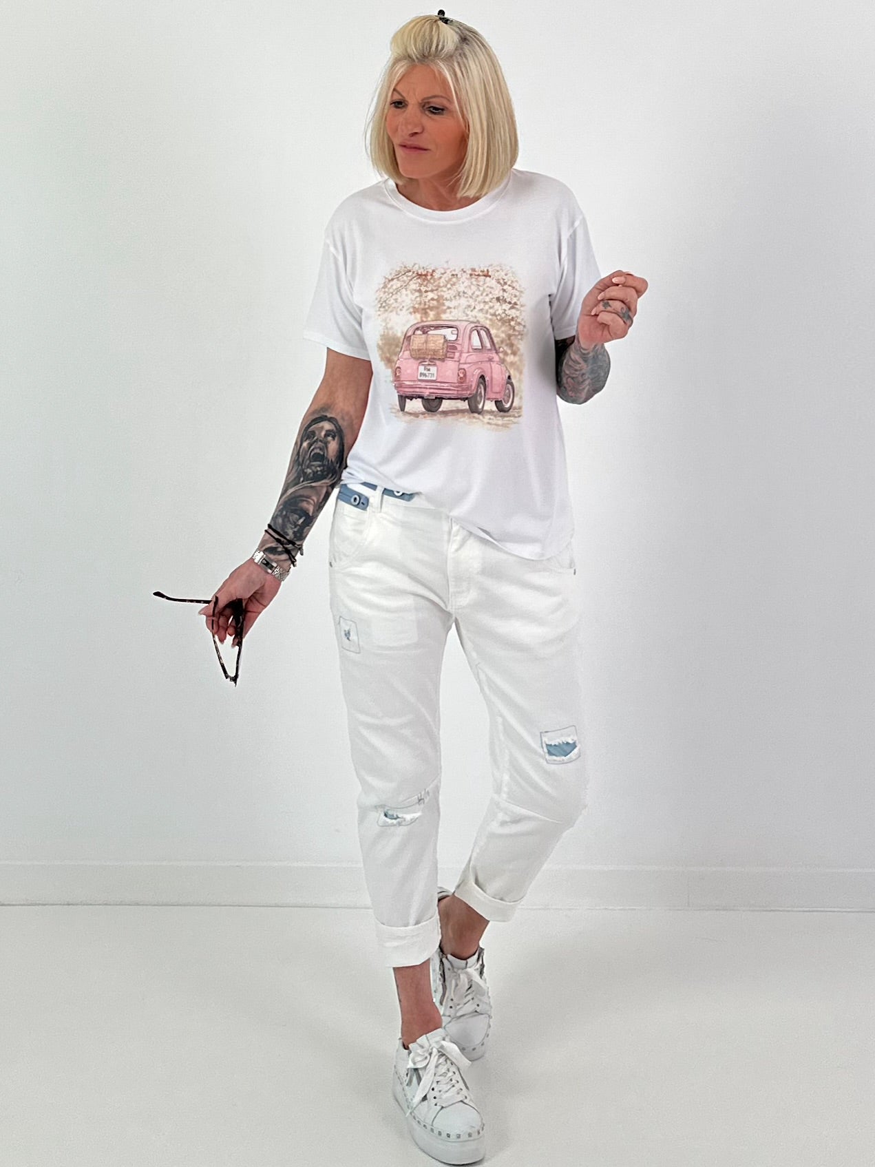 T-Shirt Glitzer Car - weiss-rosa