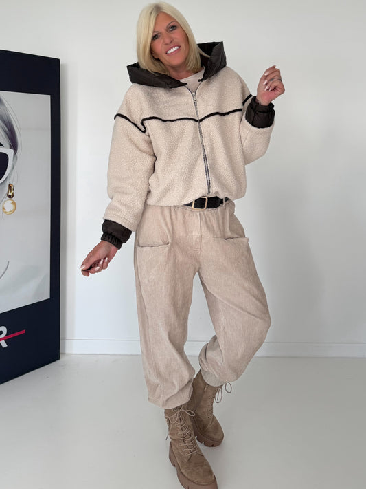 Bouclé Jacke mit Kapuze - beige-mokka