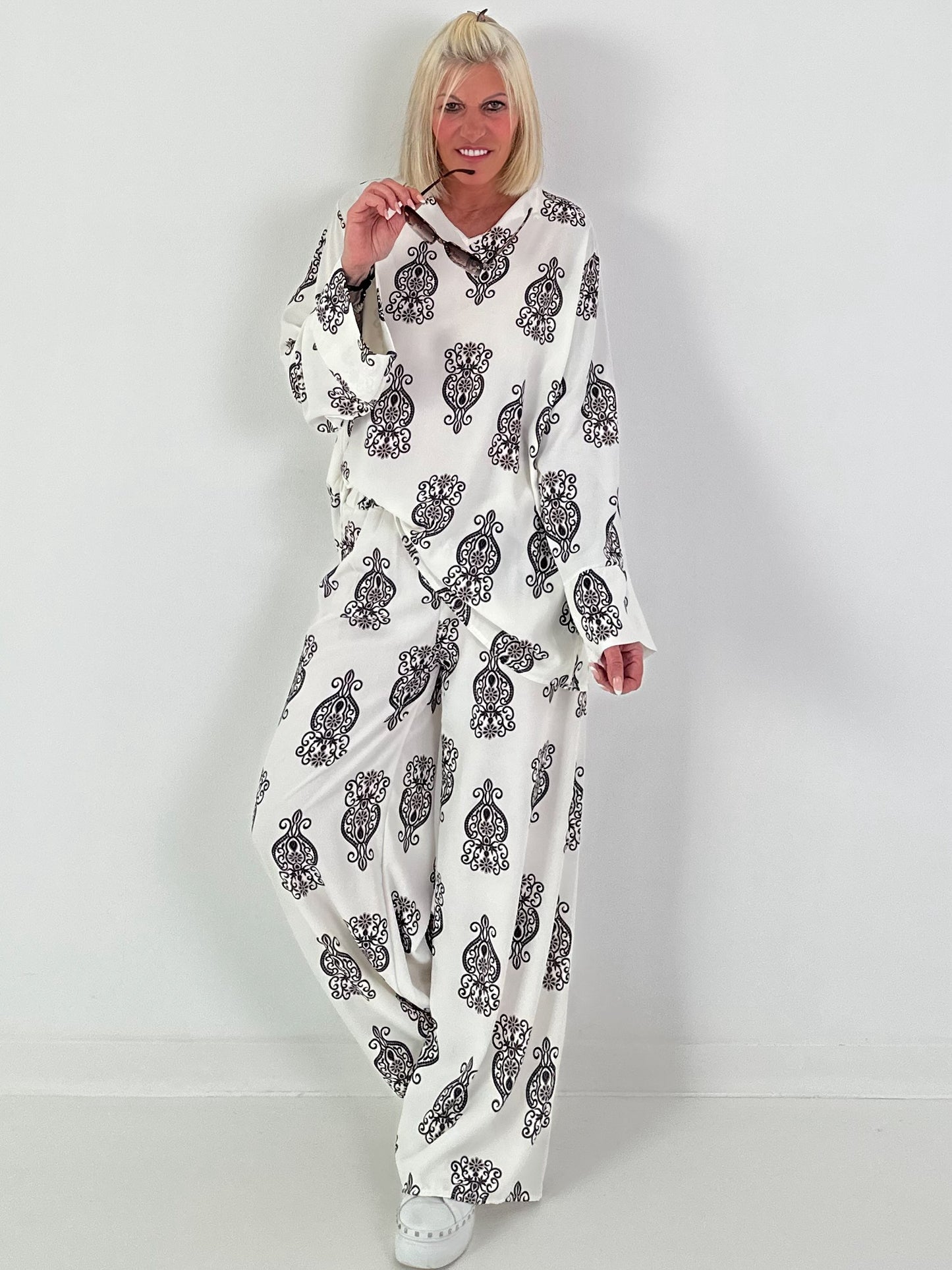 Zweiteiler mit Ornament Print - schwarz-creme