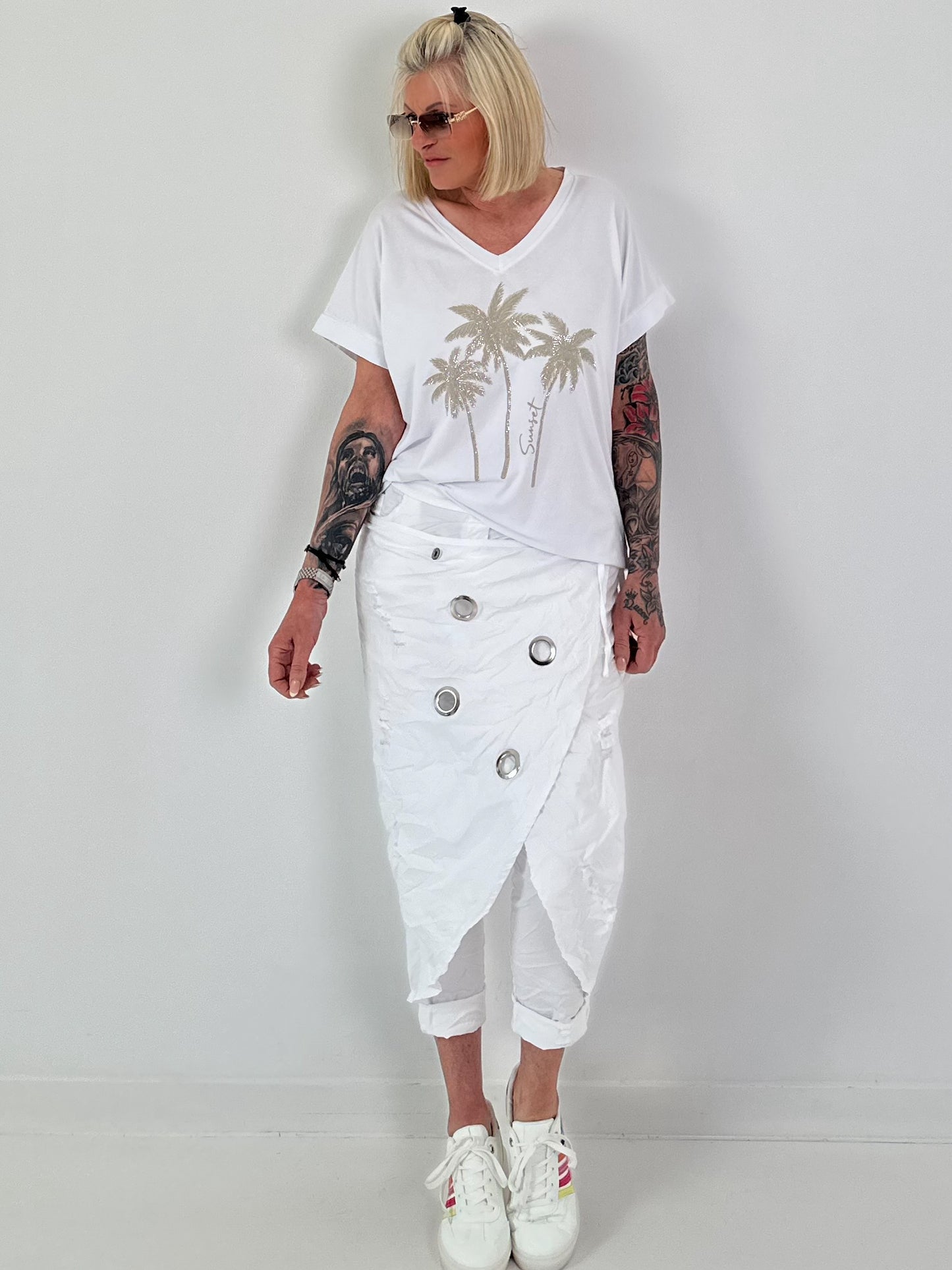 T-Shirt mit Glitzerpalmen - weiss