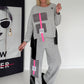 Casual two-piece set with faux leather and corduroy details - light grey