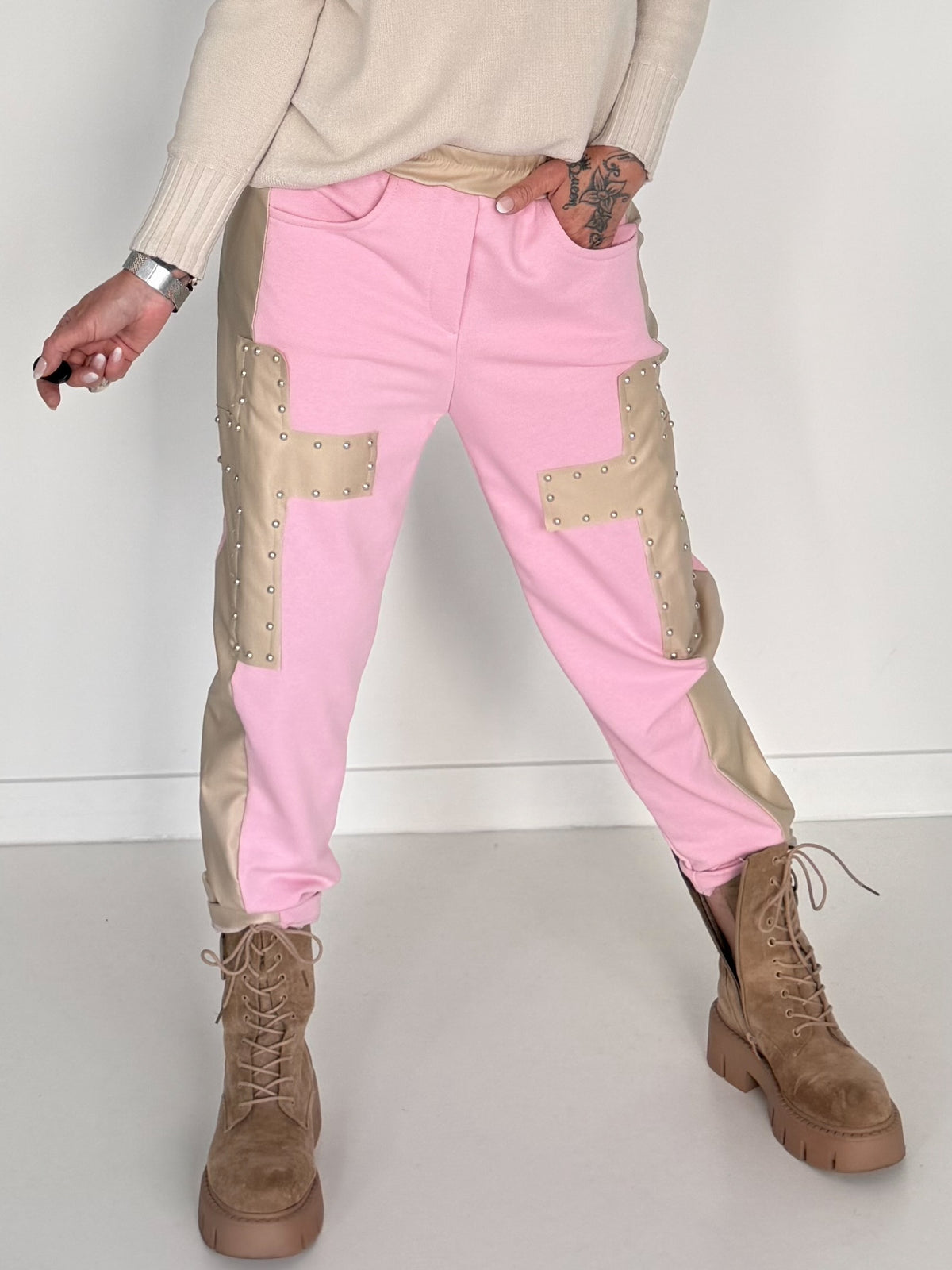 Sweathose im Materialmix - rosa-beige