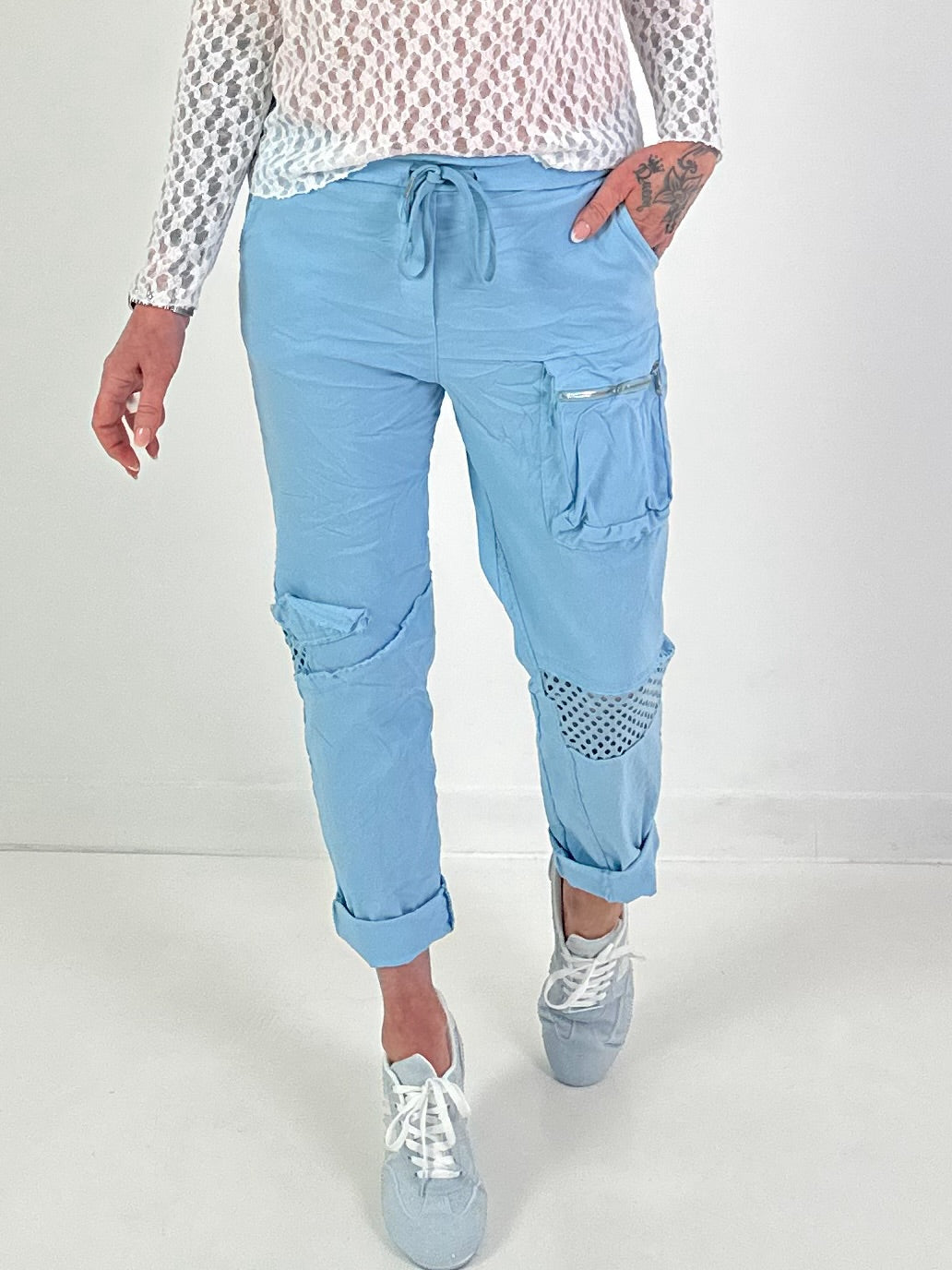 Trousers with mesh insert - light blue