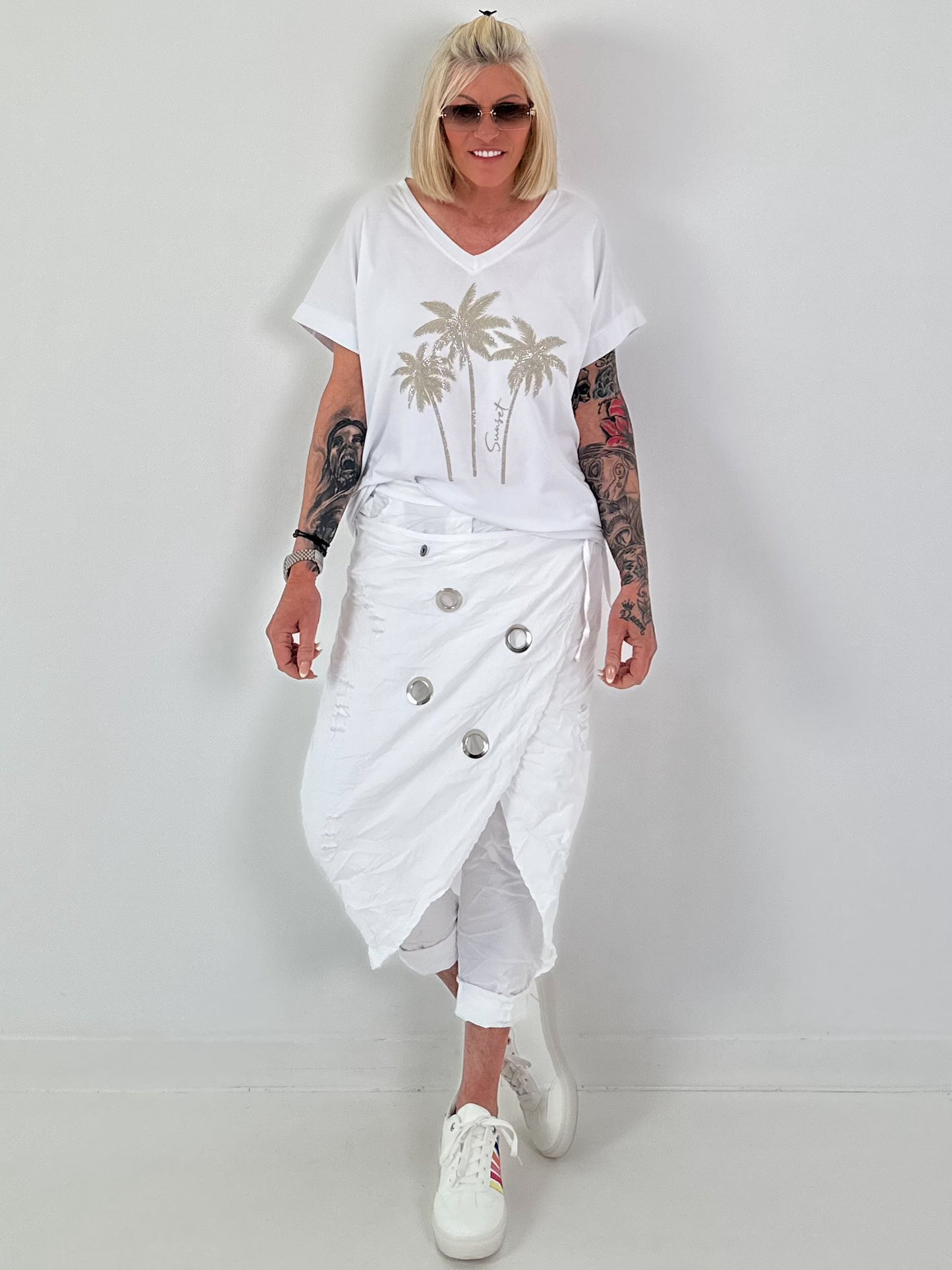 T-Shirt mit Glitzerpalmen - weiss