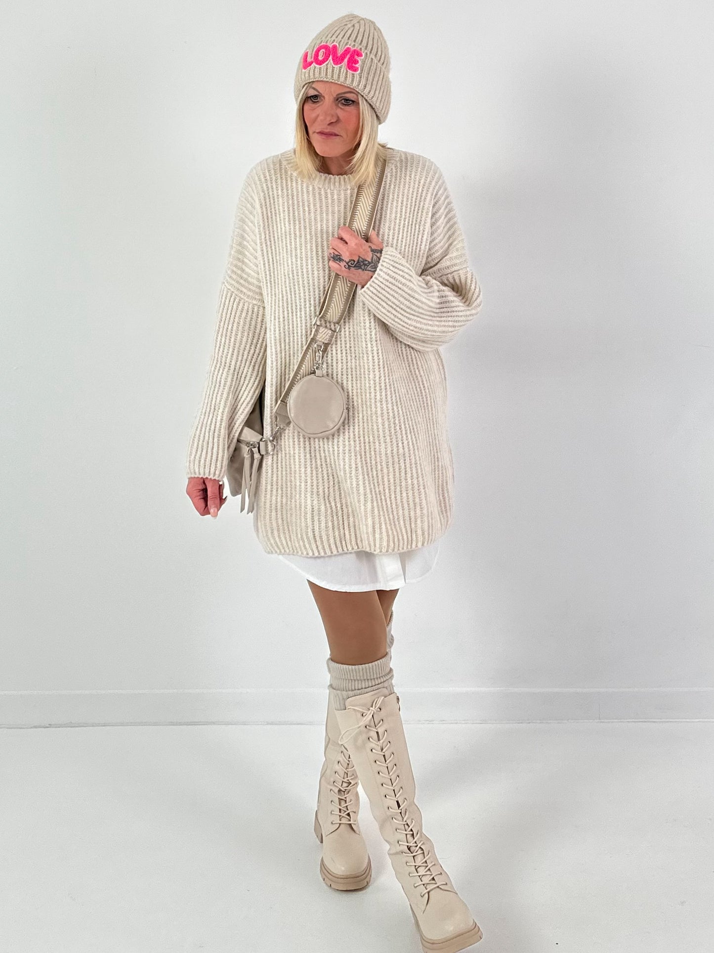 Long sweater model "Rib Relaxe" - beige