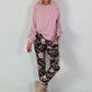 Hose in Wildleder-Optik mit Leo Print und floralem Muster - mokka - mehrfarbig