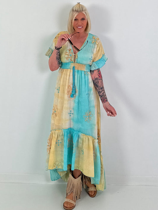 Ibiza Dress with Sequins and Ruffles - turquoise-yellow-multicolored