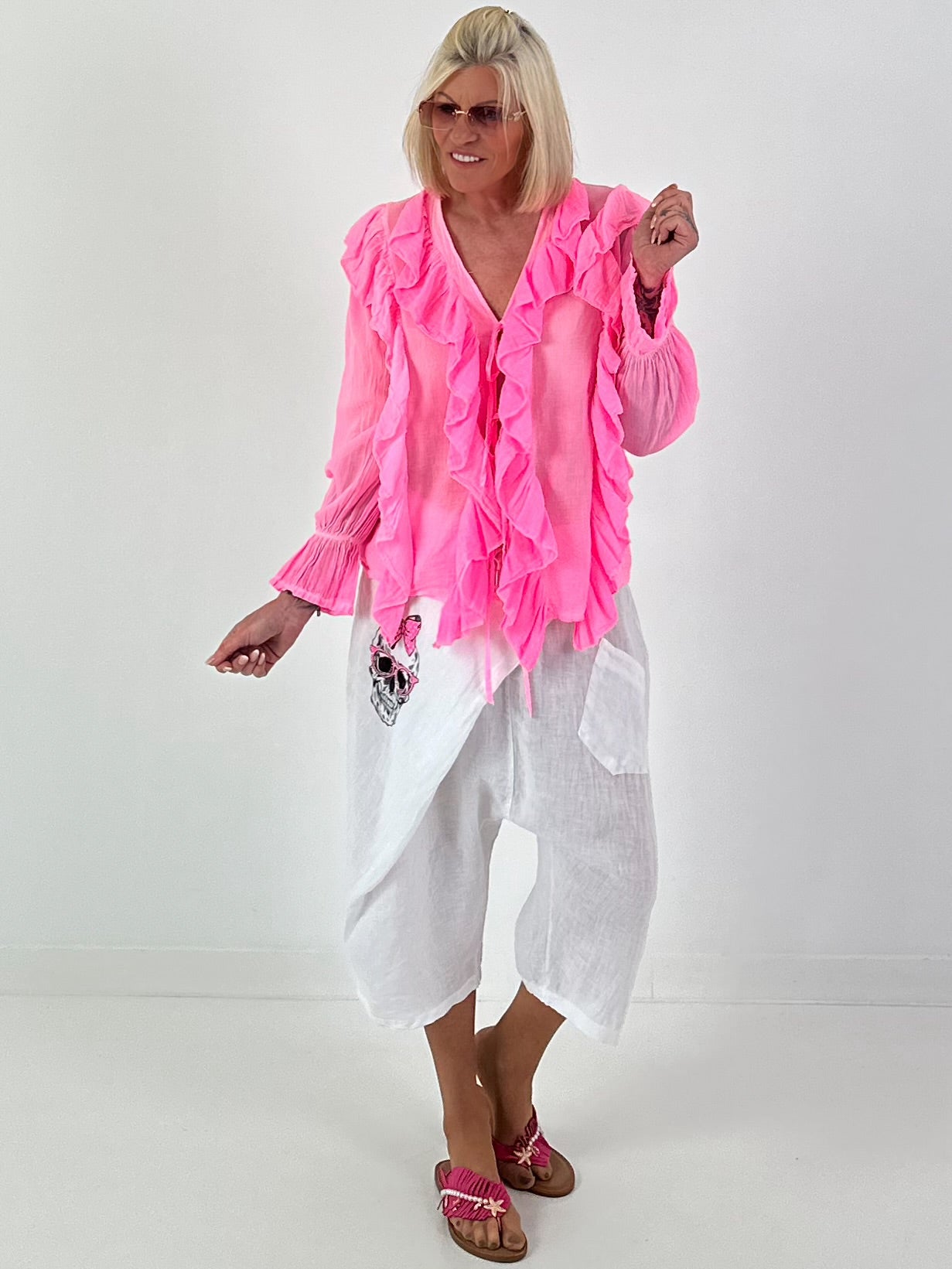 Tunika zum Binden mit Volants - neonpink