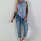 Striped top with ruffled collar - light blue-blue