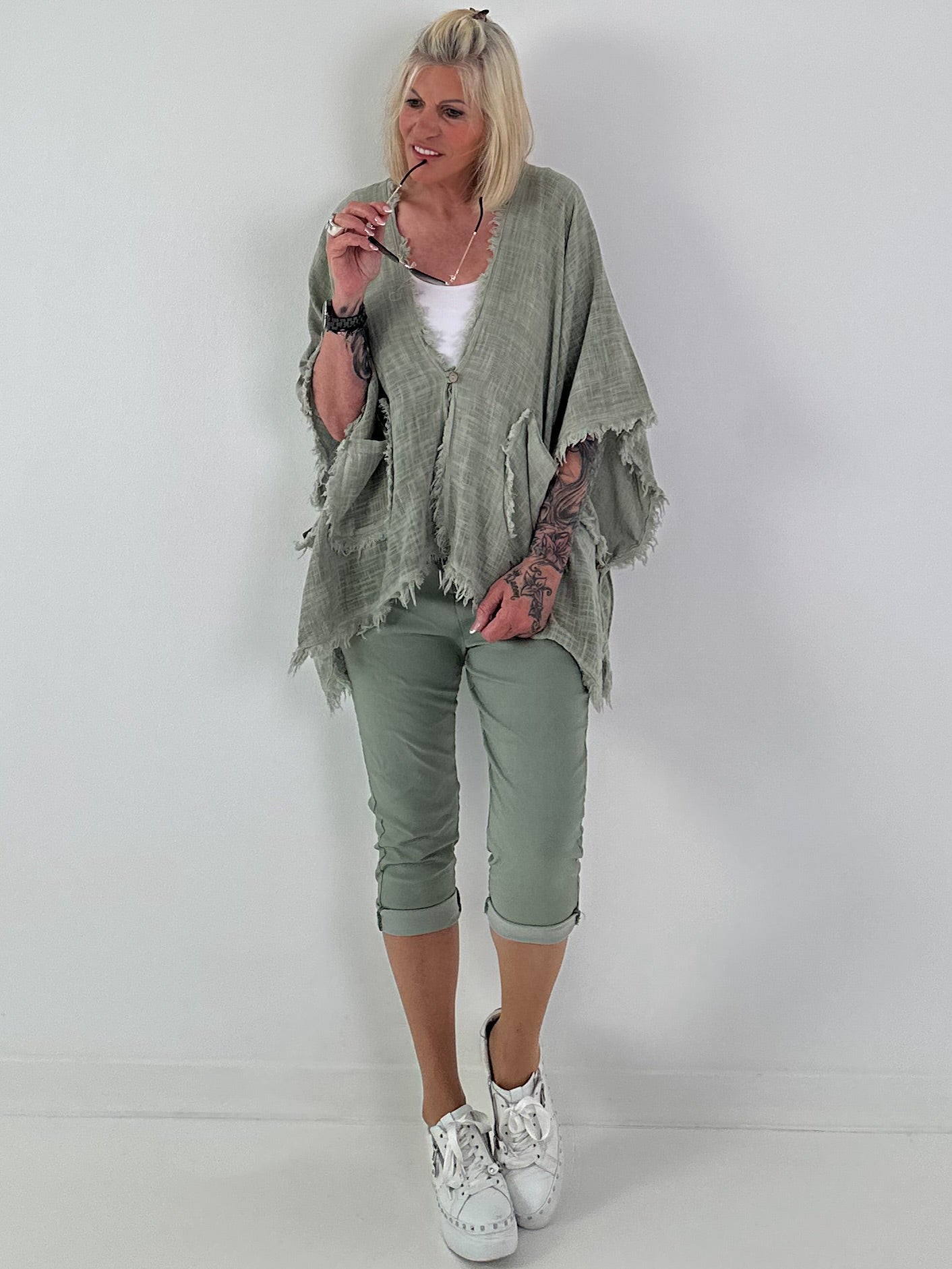 Leinen Poncho Jacke - salbei