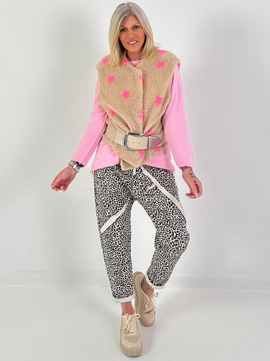 Teddy Weste mit Sternen - beige-pink