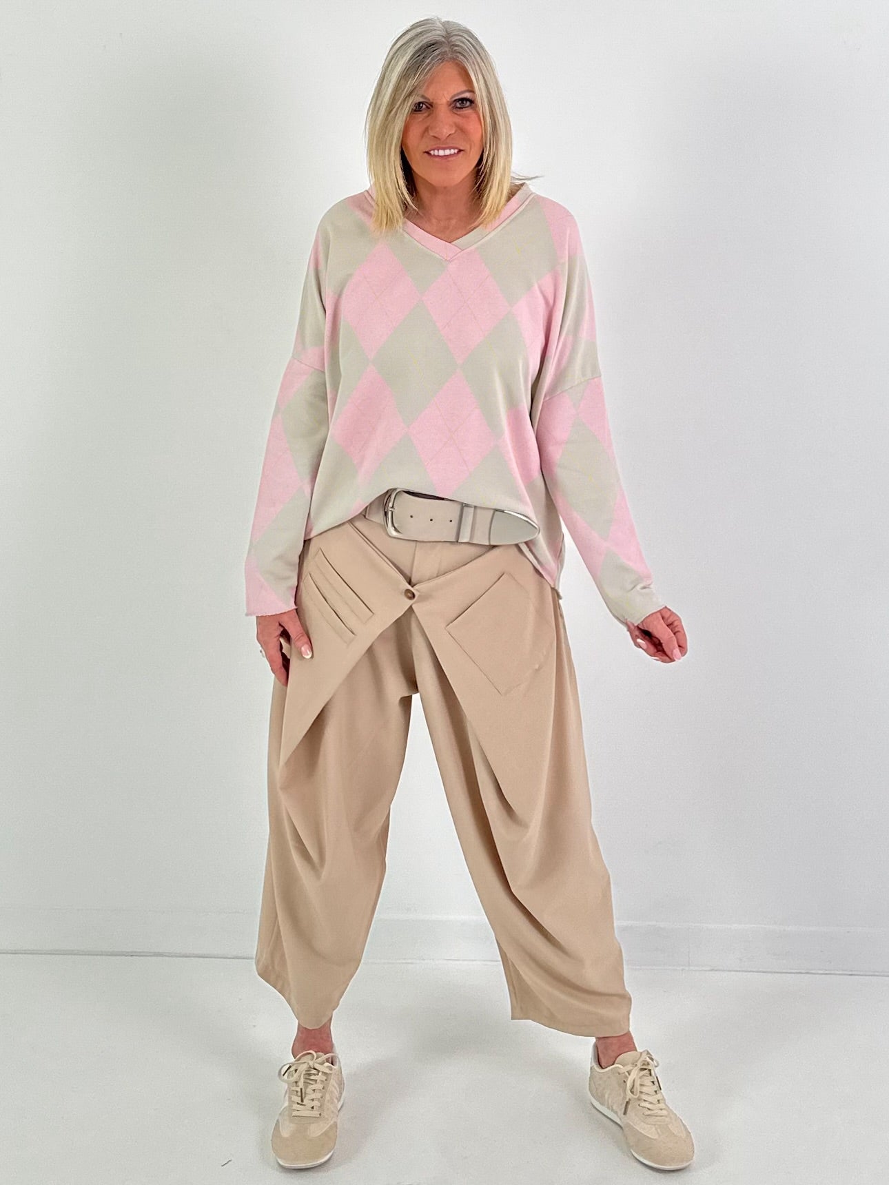 Sweater im Rautenmuster - beige-rosa