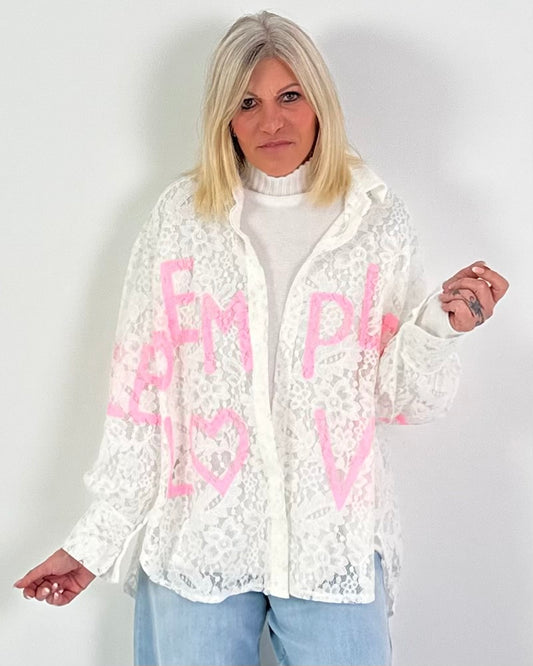 Spitzenbluse Modell "Semple Love" - weiss-rosa