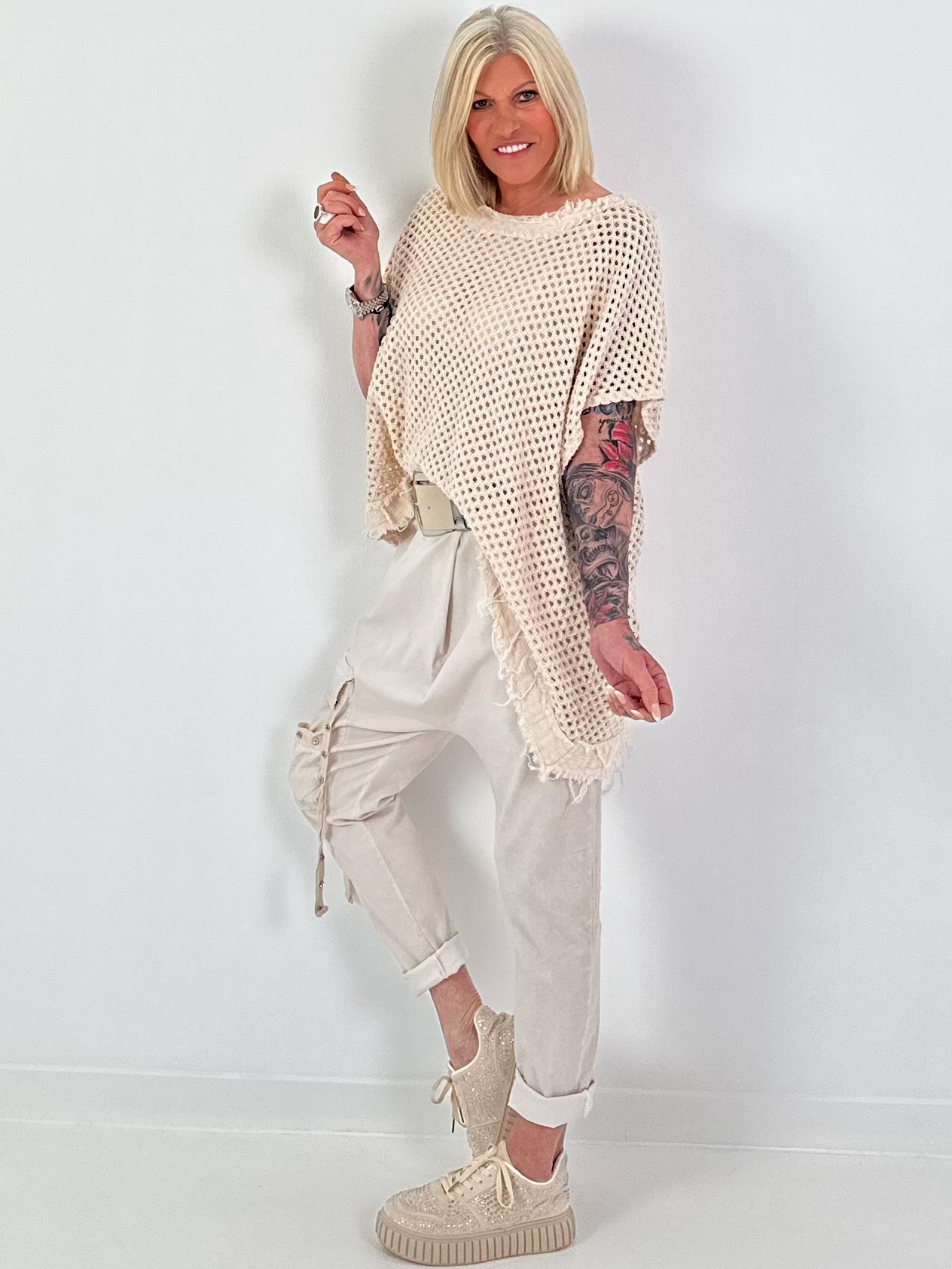 Häkelshirt mit Fransen asymmetrisch - beige
