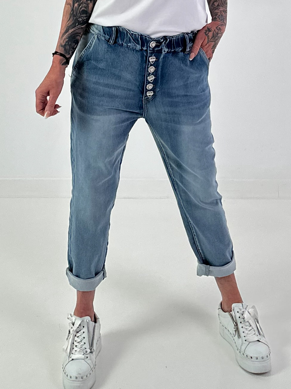 Boyfriend Jeans with Decorative Buttons - Blue