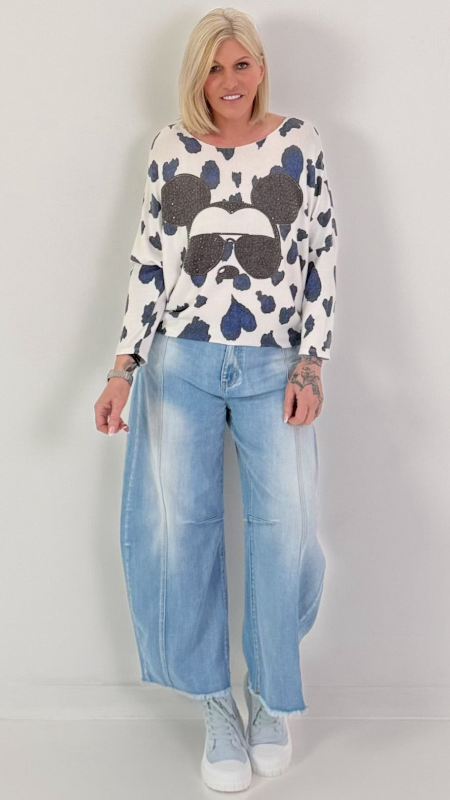 Lichtgewicht trui met all-over print - donkerblauw en wit