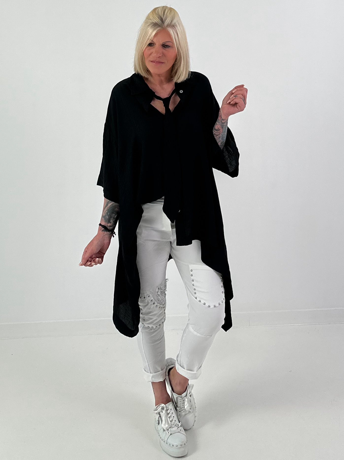 Oversized Asymmetric Blouse with Tie - Black