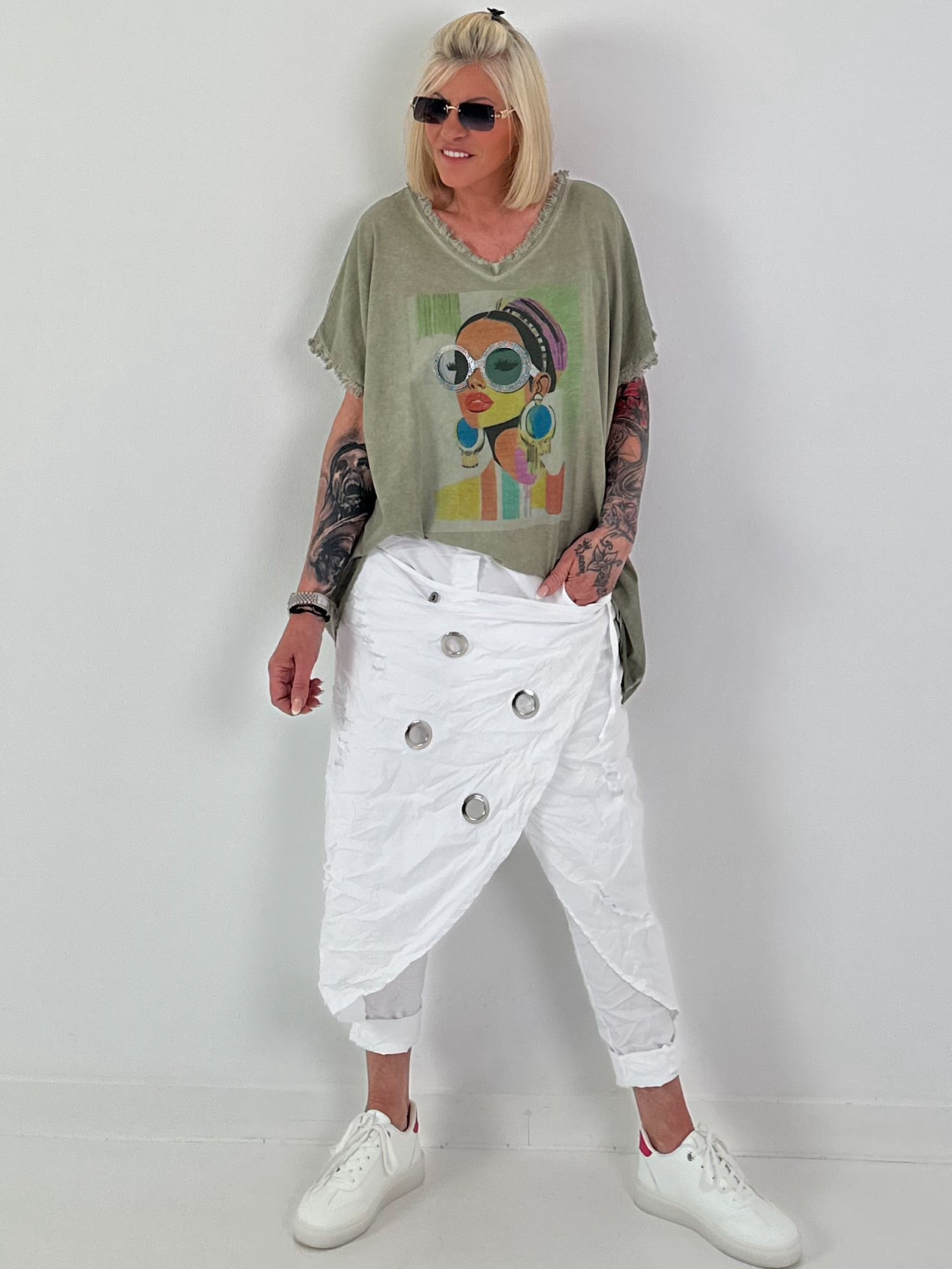 Oversized Shirt with Front Print - Khaki