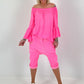 Tunic with gathered round neck and flounce sleeves - neon pink