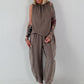 Grobes Baumwoll Top mit Rüschenkragen - taupe