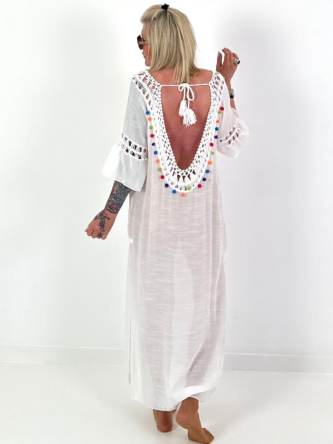 Ibiza dress with crochet inserts - white