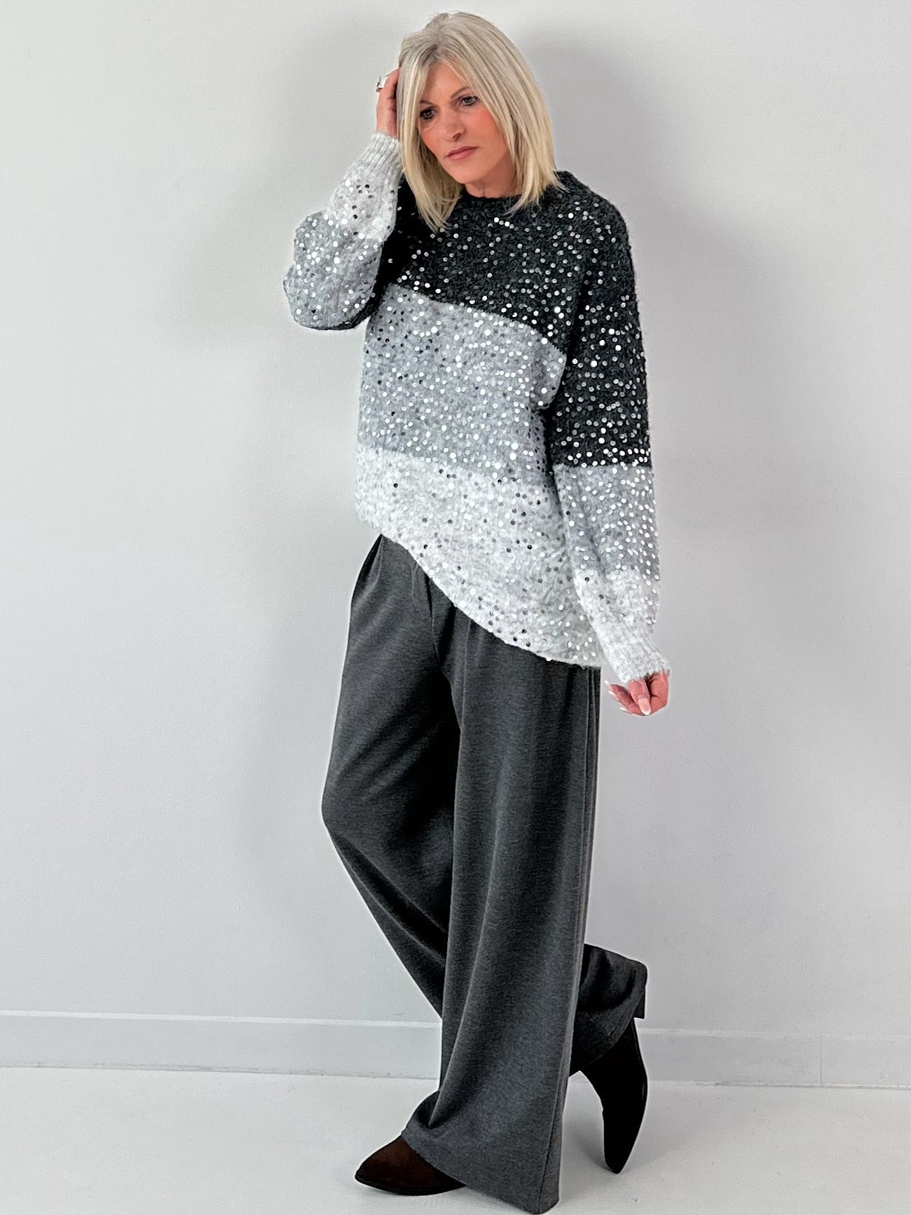 Long pullover model "Block Spark" - grey-multicoloured