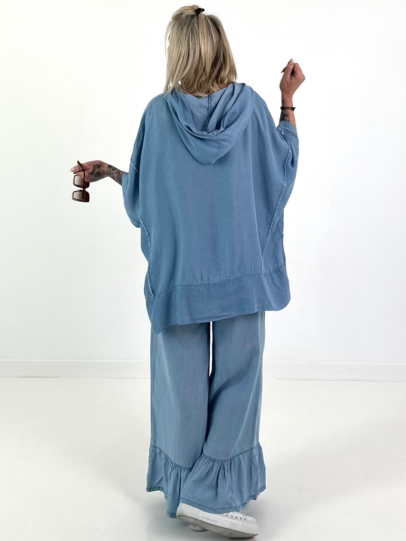 Oversized Hooded Denim Shirt - Light Blue
